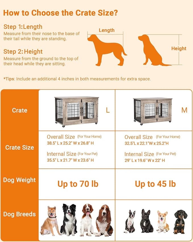 YaFiti Dog Crate Furniture, 38.5" Wooden Indoor Dog Kennel, Grey | Cushion, Wheels, Double Doors, for Large/Medium Dogs, Up to 70 lb, Furniture Style, Side End Table, Decorative Pet Cage House