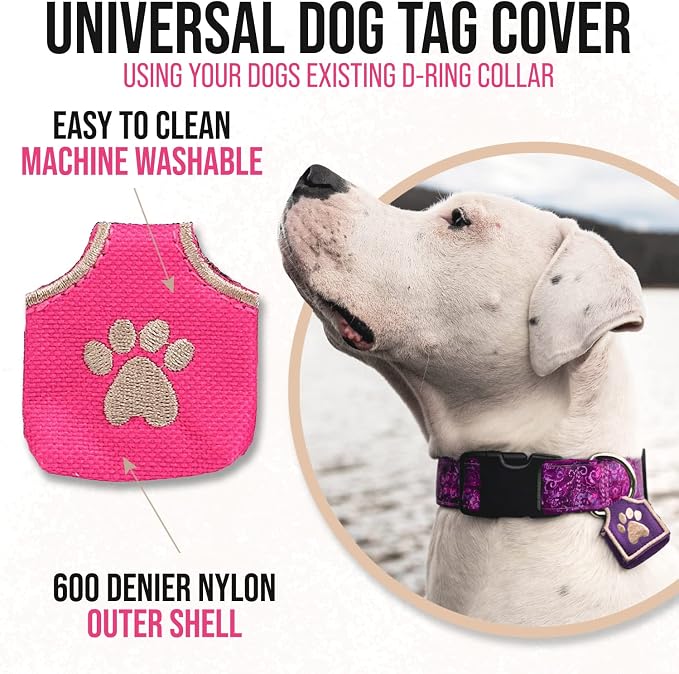 Woofhoof Dog Tag Silencer, Pink Pawprint - Quiet Noisy Pet Tags - Fits Up to Four Pet IDs - Dog Tag Cover Protects Metal Pets IDs, Made of Durable Nylon, Universal Fit, Machine Washable