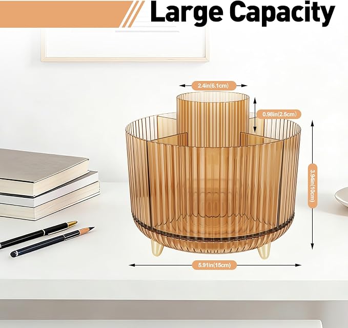 360 Rotating Pen Pencil Holder for Desk, Pen Organizer with 5 Slots | Makeup Brush Holder, Desk Organizer and Accessories, Cute Pencil Cup Caddy for Office School Home Decor Art Supply (Amber)