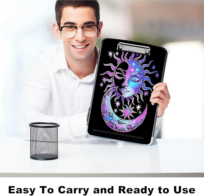 Purple Moon Sun A4 Clipboard with Storage Pen Holder, Clipboards Organizer Nursing Clipboard Foldable File Folder Plastic Clipboard Folio Clip Board for Office Students Classroom Doctor