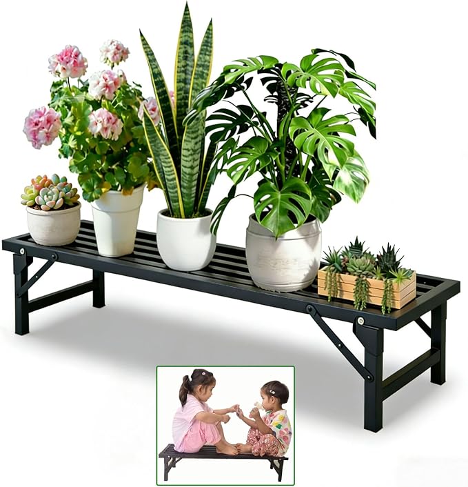 Foldable Single Tier Plant Stand, Heavy Duty Iron Plant Shelf，Anti-Rust Waterproof Flower Pot Stand, Tool-Free Quick Fold, Modern Plant Display for Indoor Outdoor Patio Balcony Garden Livingroom Windowsill ,Plant Lovers, Display Stand （L33" x H7.8" x W...