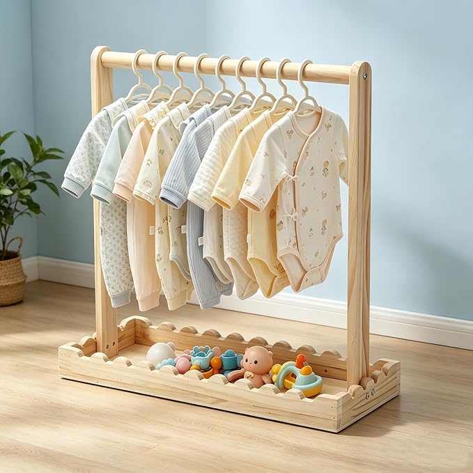 Wooden Baby Clothing Rack for Toddler, Baby Shower Crate Closet, Baby Storage Crate with Hangers, Pets Clothes Rack with Storage Box & Hanging Rod for Dogs Cats, Newborn Gifts Basket (Garden)