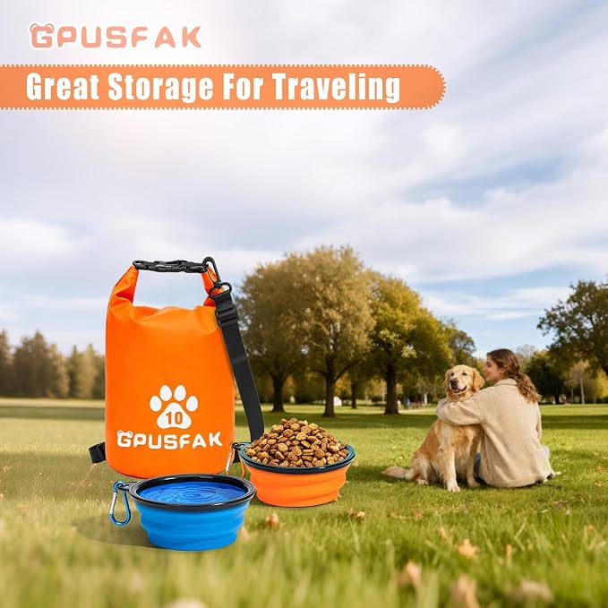 Pet Food Storage Bag with Bowl (64 Cup) - Zip Roll Top Dog Food Travel Bag Waterproof Kibble Container for Camping Road Trips Travel Dog Boarding Weekend Getaways Machine Washable 10L Orange