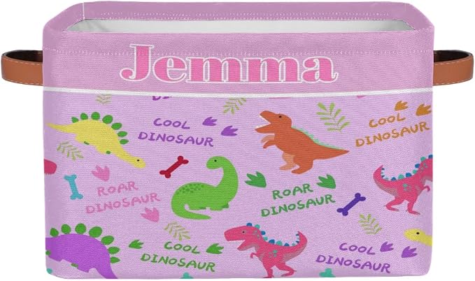 Personalized Dino Storage Basket with Name, Rectangle Toys Storage Bin with Handles for Baby Girls, Collapsible Basket for Clothes, Books, Colorful Dinosaurs with Bone Light Purple Background