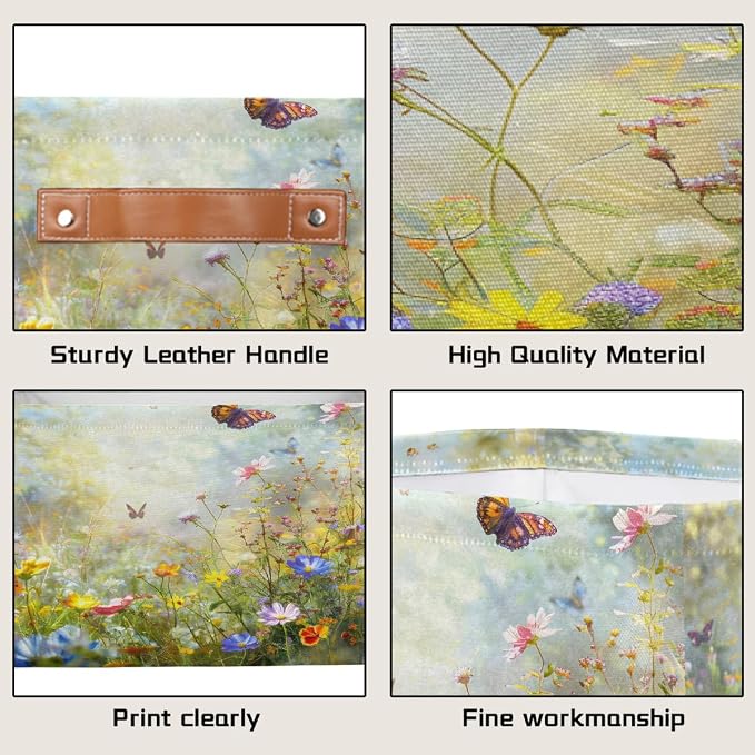 Storage Baskets Bin, Spring Wild Flowers Butterfly Collapsible Canvas Fabric Storage Bin Decorative Baskets Toy Organizer Rectangle Storage Boxes with Handles for Home Shelves Nursery,1Pack,A-696