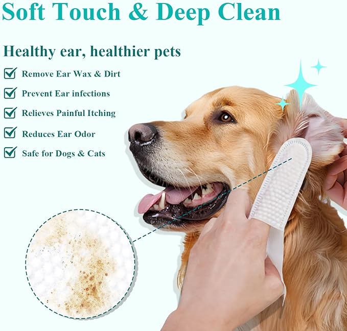 Dog & Cat Ear Cleaner Finger Wipes, Vet‑Recommended for Dog Ear Infection Relief, Itching & Inflammation, Remove Wax Dirt, Stop Smelly, Non‑Irritating, 50ct (Coconut Scent)
