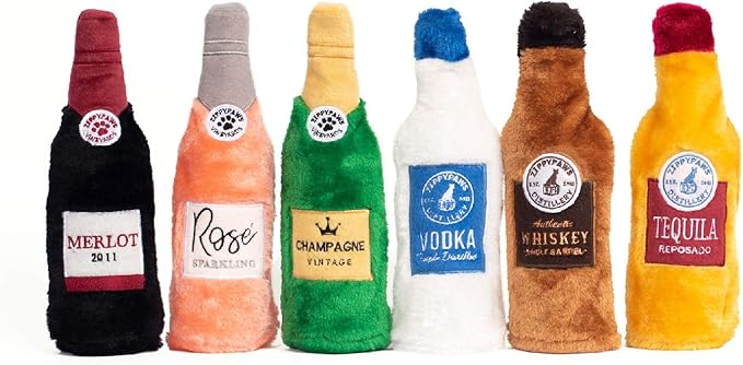 ZippyPaws Happy Hour Crusherz - Interactive Dog Toys to Keep Them Busy, Squeaky Plush Pet Toy for All Breeds, for Small, Medium, & Large Dogs, Drink Themed Crinkle Water Bottle Toy - Merlot