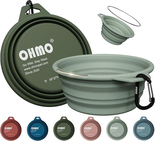 OHMO Collapsible Dog Water Bowls w/Built-in Stainless Steel Ring – 2pcs Large 27oz/800ml Portable Silicone Pet Feeding Bowl for Hiking, Camping, Travel