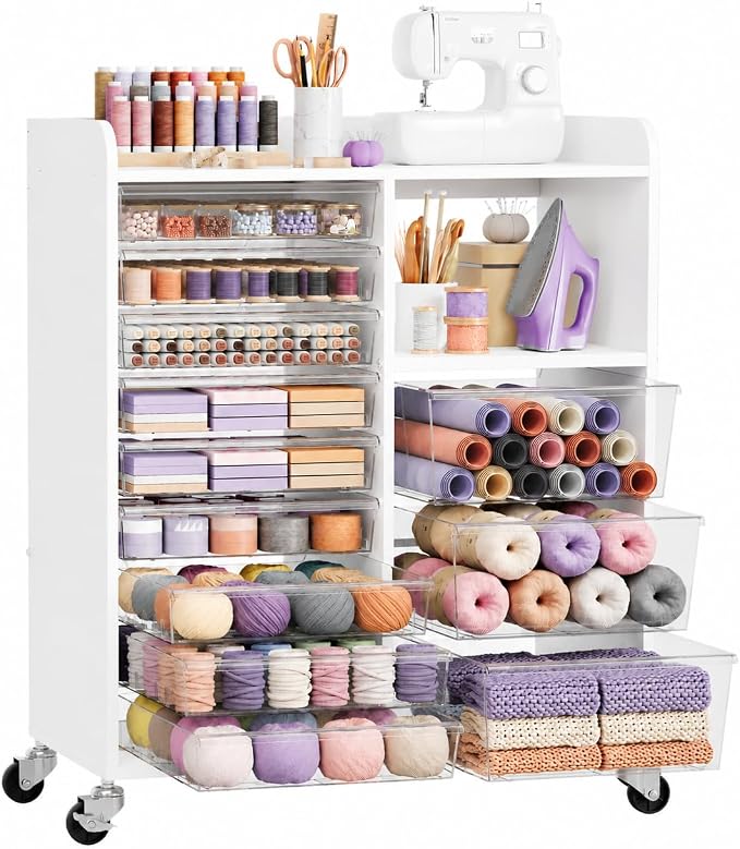 12-Drawer Storage Cabinet with Wooden Top and Open Shelf, White | Storage Furniture System with PET Clear Drawers, Lockable Wheels, for Craft Room, Makeup Vanity, Kids & Home Organization