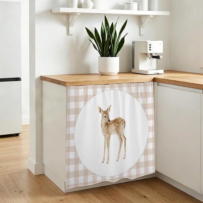 Resting Fawn Cabinet Dishwasher Hidden Curtains, Privacy Closet Door Curtain, Natural Animals Farmhouse Modern Plaid Adhesive Dust Proof Under Sink Skirt for Bathroom Kitchen 35"x35"