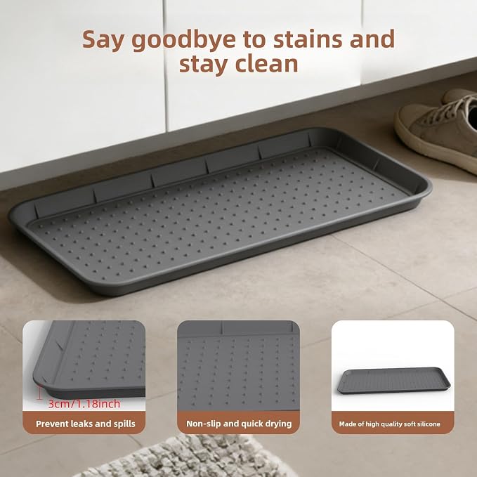 Asixxsix Silicone Boot Tray, 30x15 inch Non Slip Shoe Tray with Raised Edge, Pet Feeding Mat Sink Protector, Heavy Duty Boot Mat for Entryway Shoe Storage Indoor Outdoor Use (Gray)