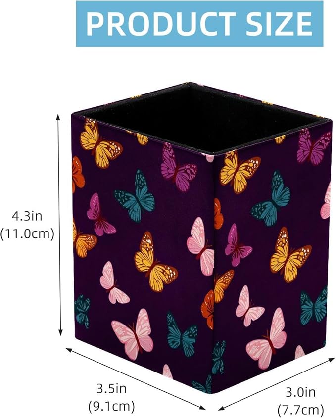 Butterfly Pen Holder for Desk Decor, Rectangular PVC Leather Pencil Cup for Desk Pen Organizer, Makeup Brush Holder for School, Home, Office