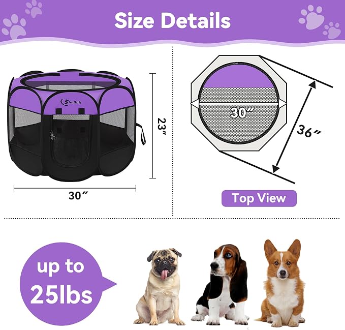 Siedihit Dog Playpen, Puppy Pet Playpen, Dog Crate Tent Cage Indoor | Outdoor, Portable Pop Up Dogs Kennel Playpen with Carrying Case for Dogs/Cats/Rabbits, Purple, Medium