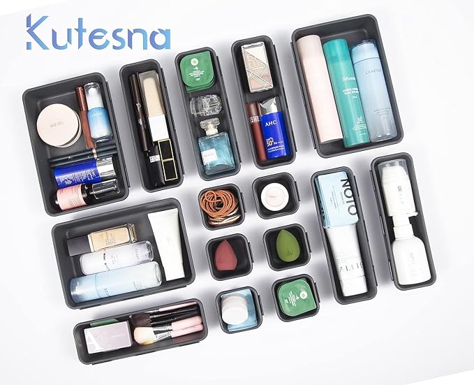 Kutesna 44 PCS Interlocking Drawer Organizer, Plastic Desk Organizer Set | 4-Size Versatile Storage Bins,BPA-free, Non-slip, Fits Any Drawer for Cosmetics, Bathroom, Tools, Kitchen and Office