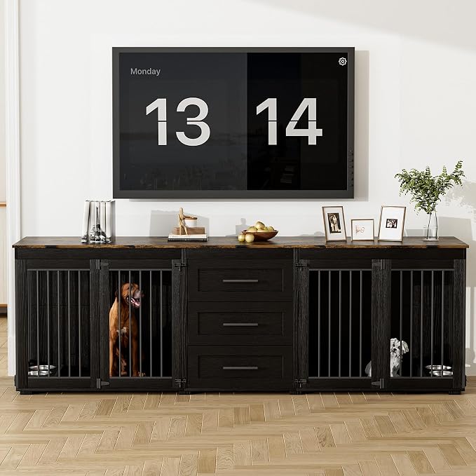 OUYESSIR 94.5" Double Dog Crate Furniture for Medium Large Dogs, Black | Extra large dog kennel fits 2 Medium or large dogs, 3 Storage Drawers, 4 removable Stainless steel dog bowls, Solid Wood