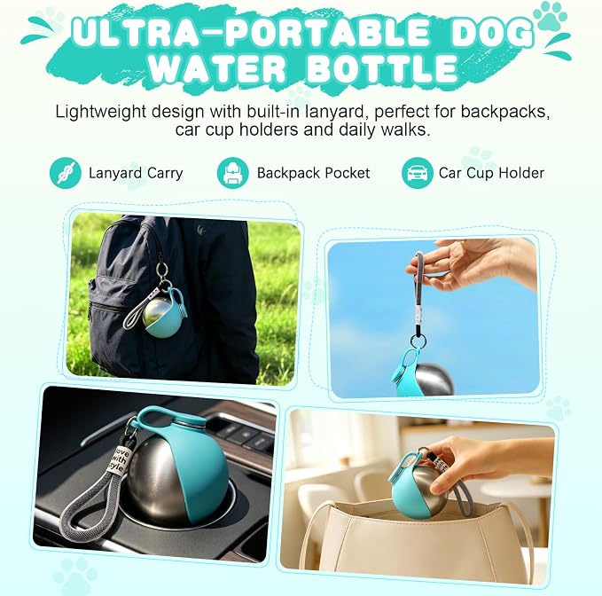 Drain-Back Stainless Steel Portable Dog Water Bottle with Bowl for Walks