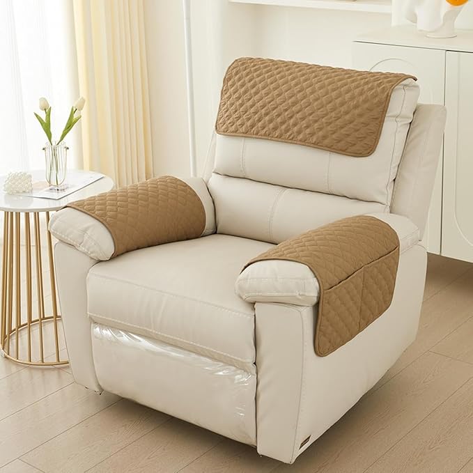 Recliner Arm Covers with Pockets & Headrest Protector- Non-Slip Quilted Stretch Armrest Covers, Washable Sofa Armchair Organizer for Couch, Pet Scratch Resistant(Camel)