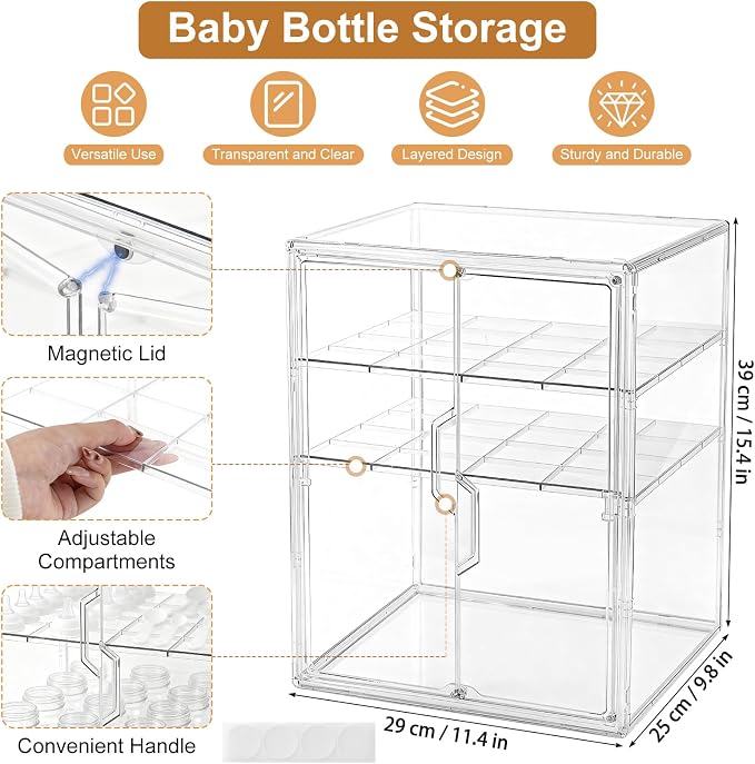 ERTIUANIO Baby Bottle Organizer for Countertop Cabinet Storage | 3 Tier Adjustable Clear Acrylic Station Container with 2 Removable Dividers for Vanity, Bathroom, Nursery, Gifts for New Mom