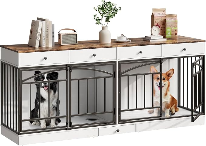 Dog Crate Furniture for 2 Dogs, Double Dog Crate TV Stand, White | 78.7'' Large Dog Kennel Indoor, 4 Storage Drawers and Feeding Bowls, Pet Kennel for Small and Medium Dogs