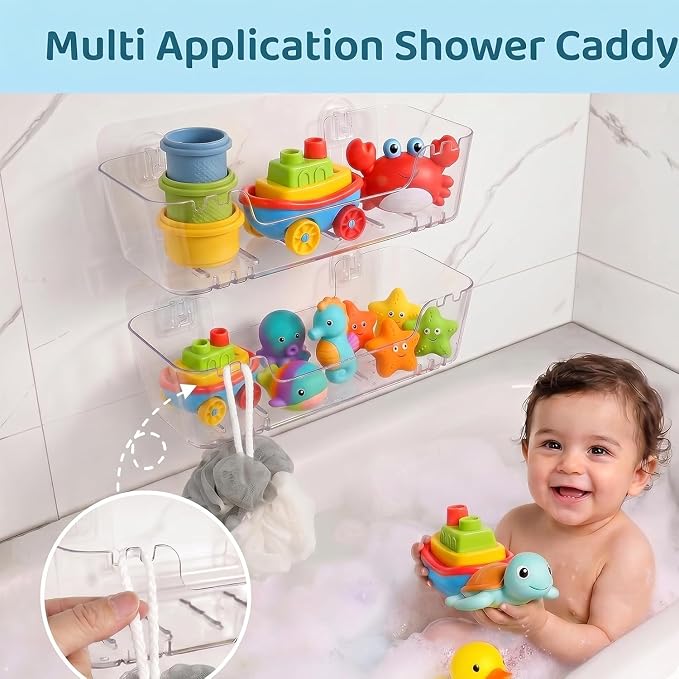 Bath Toy Storage Organizer, 2 Pack Bath Toy Holder with Drain Holes | Quick Dry Toy Shower Caddy, Mold-Resistant Wall Mount No Drill, Large Plastic Bath Toy Organizer with Drain Holes, Easy-Clean