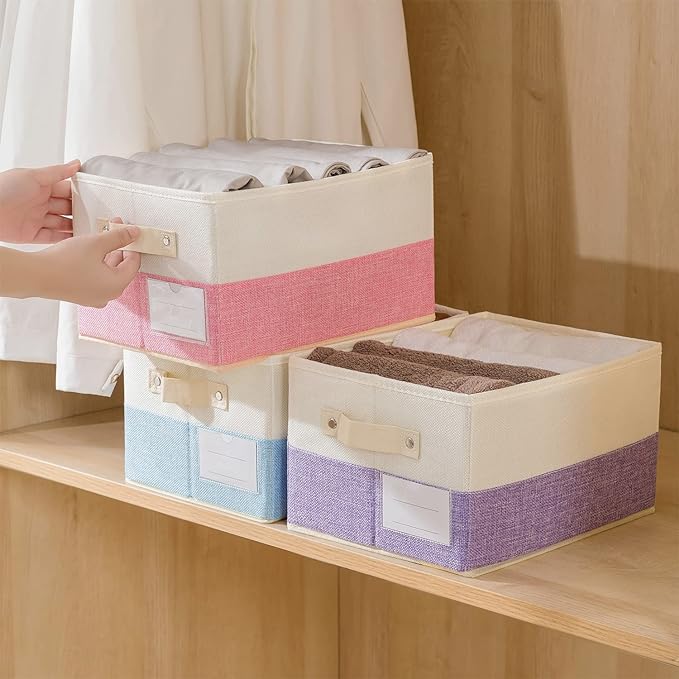 PRANDOM Fodable Storage Bins for Closet [3-pack] Decorative Fabric Storage Baskets Cubes with Leather/Metal Handles for Shelves Bedroom Living Room Purple&Cream (11.5x8.5x6.7 Inch)
