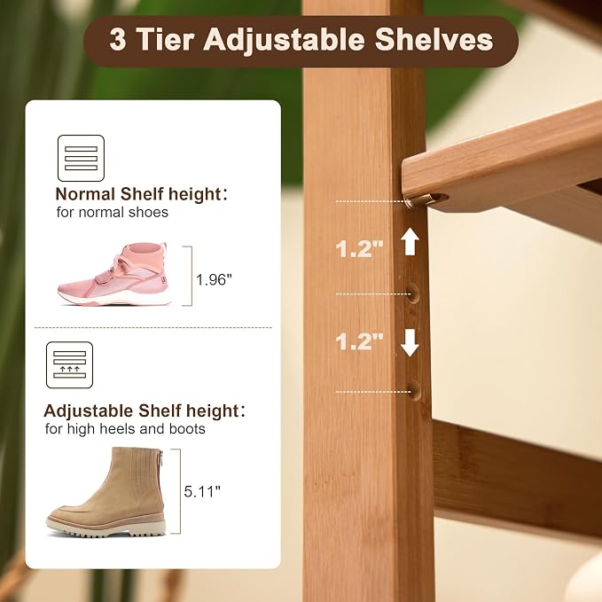PETKABOO 47.2 in Shoe Rack Bench with Cushion, 3 Tier Bamboo Entryway Bench with Storage for Entryway, Hallway, Bedroom, Living Room