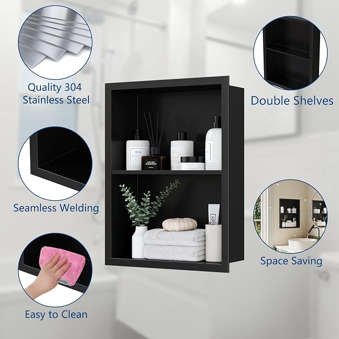 Qeke 14x 18 Medicine Cabinet Recessed with Double Shelves, Matte Black | 304 Stainless Steel Medicine Cabinet without Mirror, No Tile Needed Wall Niche for Bathroom Storage, Space Saving & Durable