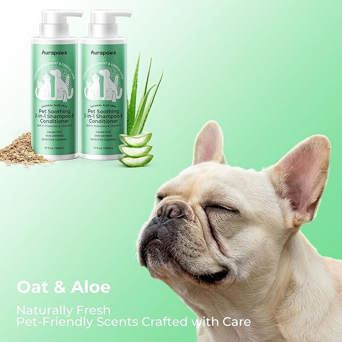2-in-1 Dog Shampoo & Conditioner, Probiotic Pet Shampoo for Dogs & Cats, Soothes Dry, Itchy, Sensitive Skin, Gentle Formula with Panthenol, Oatmeal & Aloe Scent, Paraben-Free, 17oz, 2-Pack
