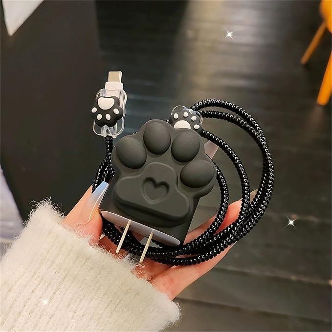 DIY Charger Cover for iPhone Charger Protector with Cat Paw Design,Soft Girly Kawaii Cat Claw Charging iPhone Cord Protector iPad Charger Protector Cute Cable Saver for iPhone 18W/20W Charger-Black