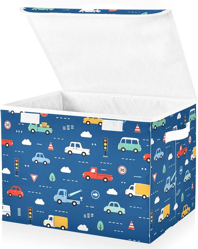 Storage Bins with Lid Trunk Vehicle Foldable Storage Boxes 40L Baskets | Decorative Storage Boxes, Dust-Proof Flip Top, Reinforced Handles, For Home & Bedroom, Clothes & Toy Box, Oxford Fabric Print
