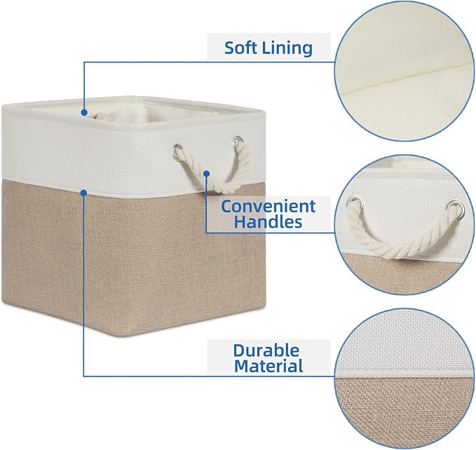 Temary Cube Storage Bins 11 x 11 Fabric Storage Baskets 4 Pack Storage Cubes Baskets for Gift Empty, Cube Organizer Bins Cloth Basket for Storage (White&Khaki)