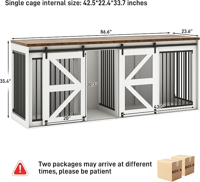 jiteentarou87In Farmhouse Dog Crate TV Stand, Wooden Dog Kennel Furniture with Sliding Metal Mesh Barn Door, Large Dog Crate Furniture for 2 Dogs, Solid Metal Tube & 2 Lockable Doors, White & Brown