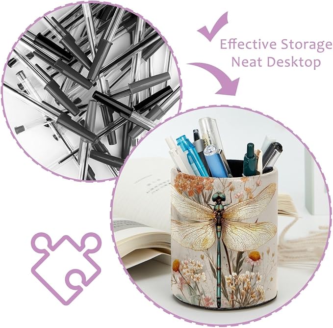 Dragonfly and Flower Pen Holder, Pencil Cup Marker Brush Holder Desk Storage Case, Desktop Organizer for School Office Home Supplies