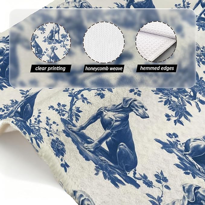 Weimaraner Kitchen Dish Towels,Blue and White Floral Dog Towel Dish Tea Towels, Chinoiserie Decor for Kitchen Bathroom,Weimaraner Gifts for Dog Lover Mom Dad,16x24 Inch