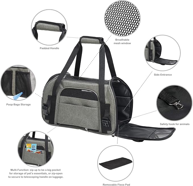 Jespet Airline Approved Soft-Sided Kennel Pet Carrier Travel Handbag | Lightweight, Foldable, Portable, Built-In Safety Leash, Luggage Sleeve, for Cats & Small Dogs, for Indoor & Outdoor