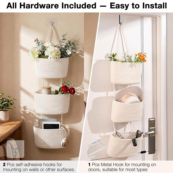 ICERZCZ Hanging Baskets for Organizing, Over the Door Decorative Storage Organizer, Nursery Decor Organization, 3-Tier Wall Basket for Entryway Playroom Bathroom Closet, Off White