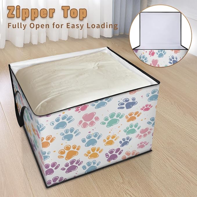 Cute Colorful Cat Paws Large Storage Bags, Fabric Bed Storage Containers, Foldable Closet Organizers for Blanket, Clothing, Comforter, Bedding, Pet Animals