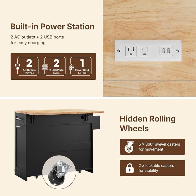 Dripex 41.5'' Rolling Kitchen Island with Power Outlet, Trash Can & Storage | Kitchen Island with Storage & Drop Leaf, Rubberwood Top, 3 Drawers, Mobile Kitchen Island on Wheels for Dining Room, Black
