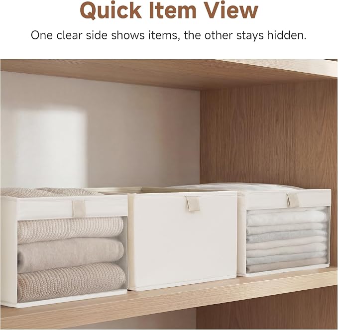 StorageWorks Fabric Storage Bins, Shelf Baskets, Collapsible, Beige, 3-Pack | Wrinkle-Resistant Cottlyn Fabric, Mesh Front Window, Soft Leather Handles, Flip to Show/Hide, Holds Clothes, Towels, Blankets