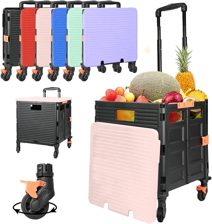 Foldable Utility Cart Collapsible Crate Rolling Carts Handcart Trolley Tool Box Basket 4 360°Noiseless Wheels Lid Telescoping Handle for Shop Grocery Luggage Move Office School Teacher (Pink