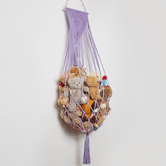 Stuffed Animal Net or Hammock Corner or Wall Hanging Net for Plush Toy Storage Boho Macrame Toy Display Nursery Bedroom Decor Stuffy Animal Toy Organizer (Purple)