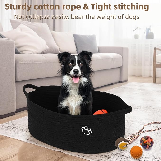 Optish 40L Extra Large Dog Toy Basket, 20" x 14" x 9" XL Toy Storage Box and Bin with Handles, Woven Cotton Rope Foldable Basket for Blankets, Living Room, Bedroom, Home Decor, Black