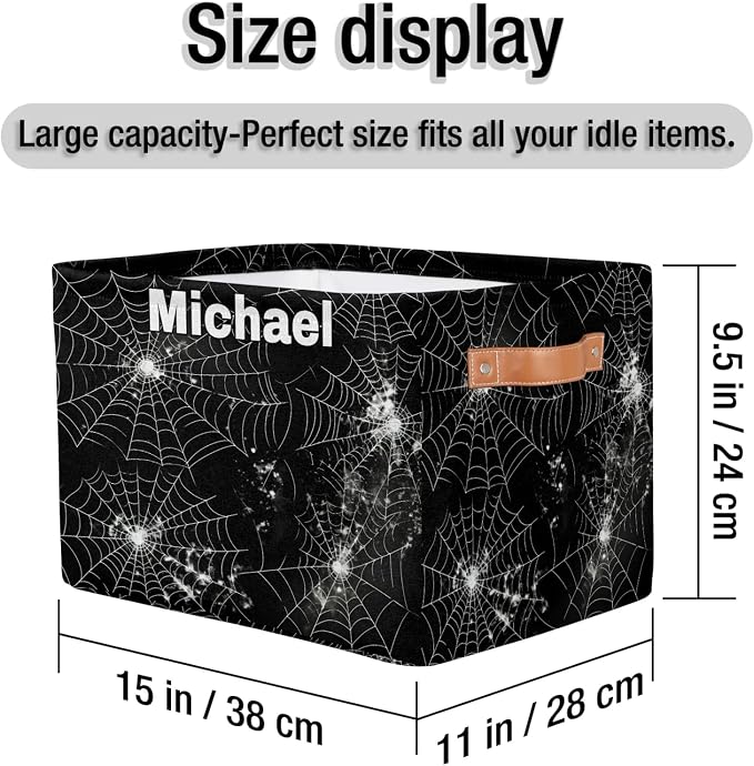 Custom Name Storage Bin, Personalized Rectangular Storage Basket with Handles for Organizing Boys Girls Toys Office Closet Shelf Baskets, Spider Web Black White