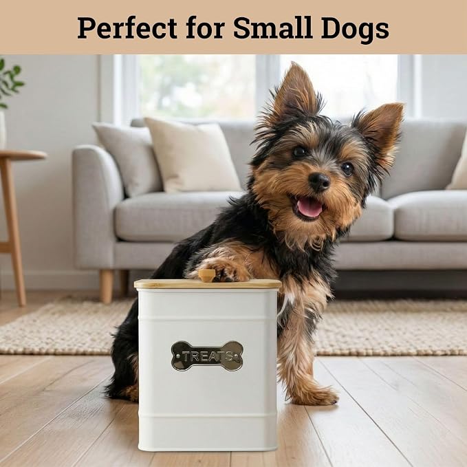 Dog Treat Container Airtight, 6"W x 8"H, Powder Coated, 12 Cup Capacity | Fits All Popular Treats, 12 Cup Capacity, Airtight Bamboo Lid, Easy Open Lid, Dent-Resistant Durable Metal