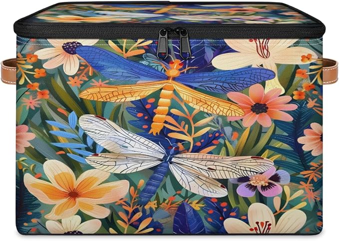 Storage Bin Dragonfly Florals Storage Baskets with Zipper Lid & Handle Foldable Closet Shelf Cloth Organizer Basket Cube Bins Clothes Organizer for Nursery, Bedroom