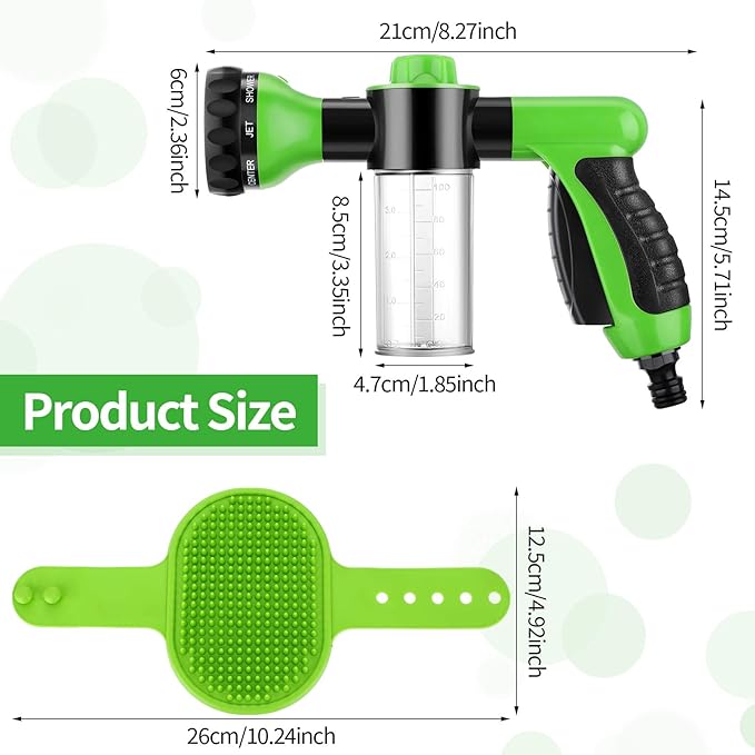 2 Pcs Hose Nozzle with Soap Dispenser, Rubber Comb Brush, and Spray Foamer for Pet Showering - Outdoor Bathing Sprayer Bottle (Green)