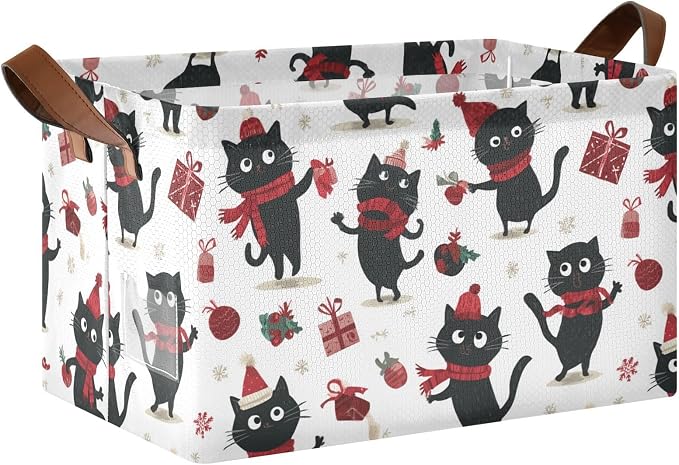 Christmas Cartoon Black Cat Storage Basket Foldable Cube Storage Bins with Handles&Label Waterproof Collapsible Organizer Box Bin Large Rectangle Decorative Baskets for Shelves Home Room Laundry