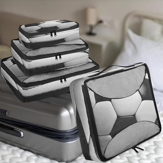 4 Set Packing Cubes for Travel, American Football Packing Cubes for Women, Travel Luggage Packing Organizers, Packing Cube Set, Black and White Soccer