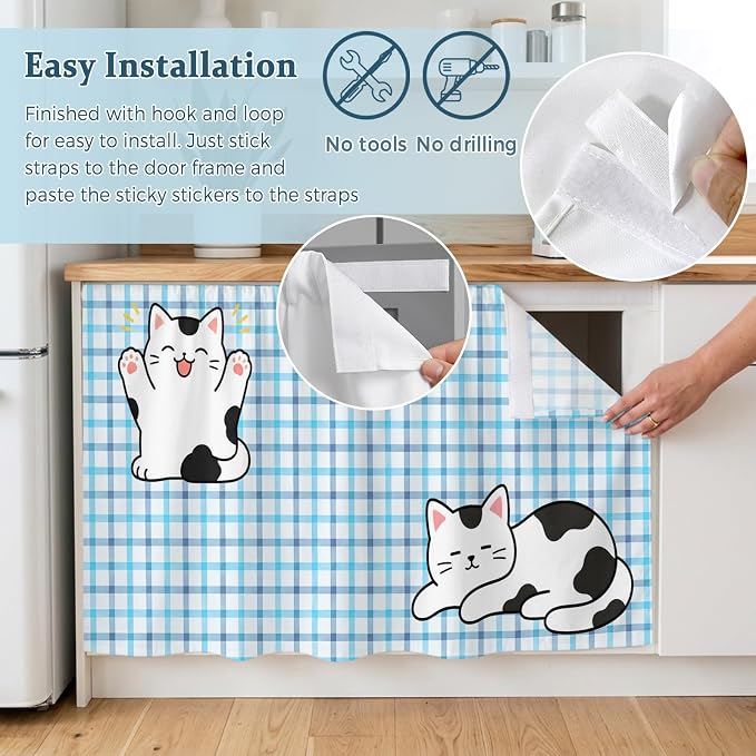 Cute Cat Oven Skirt Curtain for Kitchen Decor 28"x35", Blue Purple Checked Modern Pet Cats Rustic Self Adhesive Stove Curtains Skirt Cabinet Curtains for Bathroom Laundry Room