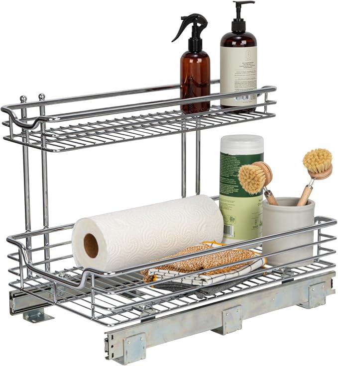 Household Essentials Glidez 2‑Tier Large Multipurpose Chrome‑Plated Steel Pull‑Out/Slide‑Out Under Sink Organizer, Chrome Finish